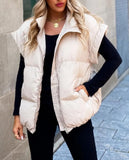 Fongt New Women's Solid Color Zipper Pocket Cotton Vest Fashion Collar Temperament Commuting Jacket