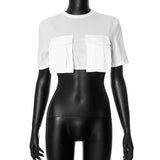 Fongt Women's Summer New Fashion Wear Round Neck Short Sleeves Pocket Ultra-Short T-Shirt