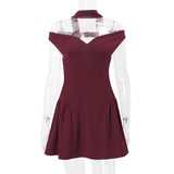 Burgundy Off-shoulder Mini Dress-Outfit