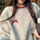 Embroidered Bow Round Neck Pullover Sweatshirt-Outfit