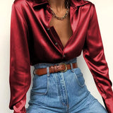 Satin Blouses Celmia 2021 Autumn Fashion Office Shirt Long Sleeve Solid Color Lapel Tops Loose Casual Blusas Sexy