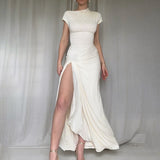 Fongt Knitted Round Collar Sexy Open Fork Dress Woman 2025 Summer New Stylish Black
