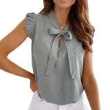 Women Blouses Short Sleeves Shirt Summer Bow Lace Up Polka Dot Female Tops Ruffle Pullover Vintage