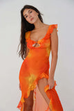 Sexy Hollow Out Tie-Dye Sleeveless Fungus Lace Tail Temperament Open Back High Slit Dress-Outfit