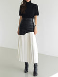 Fongt 100-Fold Skirt Women's Dress 2025 Autumn New Korean Leather Splicing Color Slimming Skirt Women's Tide