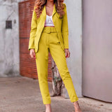Women Solid Suit Coat Sets 2Pc Long Sleeve Cardigan Belt Trousers Suits Autumn Femme Formal Suit Coat Pencil Pants