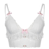 Dark Harajuku Kwaii Lace Basic Camis Pastel Gothic Cute Bow White Skinny Crop Tops Lolita Ruffles Women Coquette