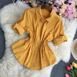 Clear Color Lapel Tightened Long-Sleeved Shirt-Outfit