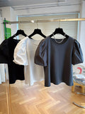 New T-Shirts Causal O-neck Patchwork Puff Sleeve Shirts for Women Chic Korean Sweet