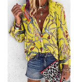New Design Plus Size Women Blouse V-neck Long Sleeve Chains Print Loose casual Shirts Womens Tops And