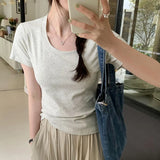 Short Threaded Shoulder Slim Short-Sleeved T-Shirt Women's New Solid Color Summer Casual Round Collar