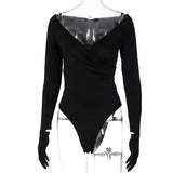 V Neck Wrap Bodysuits Women Black Goth Long Sleeve With Gloves One Piece Rompers 2021 Fall Harajuku Party Club