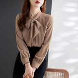 Fongt Curry With Chiffon Long-Sleeved Shirt Women's Bow Tie Irregular Design Sense 2025 New Ocean
