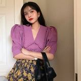 Doll Collar Blouse For Women Short Sleeve Button down Regular Fit Shirts Single Breasted Casual T Shirts Tees-Outfit