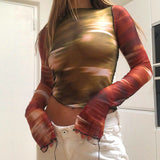 Vintage Mesh Crop Top Contrast Patchwork Sexy See Through Long Sleeve T-shirt Pullovers Women Autumn Harajuku Tees