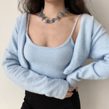 Cropped Button Knit Two Piece Cardigan-Outfit