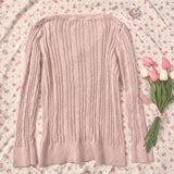 V-Neck Lace Trim Cable Knit Tee-Outfit