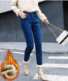 Fleece Lined Denim Pencil Pants Women Thicken Warm Lamb Fluff Jeans High Waist New Slim Vaqueros Big Size 34 Kot