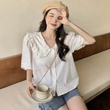 Doll Collar Blouse For Women Short Sleeve Button down Regular Fit Shirts Single Breasted Casual T Shirts Tees-Outfit