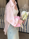 Fongt Pink Striped Sky Silk Shirt Women Sun Protection Tops Thin Temperament Gentle Comfortable Stripe Coat Women Loose