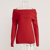 Fongt Women's Fall/Winter 2025 Long-Sleeved Knitted Bottom Shirt With A Word Of The Shoulder Sex-Repair And Exposed Shoulder
