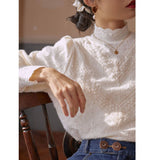 Half Turtleneck Lace Blouse Knitted Pullover Puff Sleeves Fashion Women Autumn Shirts