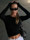 T-Shirts Long Sleeve Top Women Gray Tees Solid Basic Black T-Shirts O Neck Crop Top Skinny Streetwear Y2K
