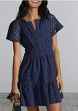 Fongt Women's V-Neck A-Shaped Hollow Lace Folded Short-Sleeved Mini Dress