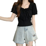 Fongt With Drawstring T-Shirt For Girls Summer New Retro French Style Collar Temperament Collar Collar Short Sleeve Top In