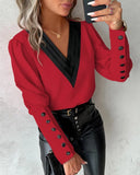 Wise Popular Autumn Fashion V-Neck Solid Color Long Sleeve Button Women's Shirt-Outfit