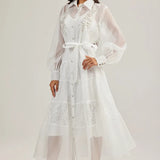 Fongt 2025 New French Court Style Single Buckle Heavy Industry Splicing Lace Long-Sleeved Dress With Sling