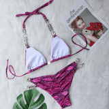 Fongt New Bikini, Sexy Snake Print Crystal Diamond Female Split Swimsuit Beach