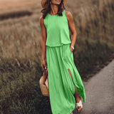 Fongt Summer New Women's Rounded Sleeveless Dress Open Multi-Colored Long