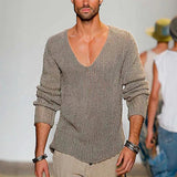 Fongt Men's Long Sleeve V-Neck Loose Sweater Fashion Casual Solid Color Knit Jumper Men's Plus