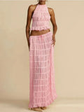 Halterneck Ruched Open Back Tie Up Top And Maxi Skirt Set-Outfit