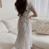 Chic Summer French Elegant Square Collar Full Screen Floral Back Belt Closed Waist Show Thin Bubble Sleeve Dress-Outfit