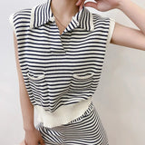 Stripe Knitted Tracksuit Women's Sleeveless Pullover Tshirts Two Piece Sets Summer Mini Shorts Suits Ribb Tee