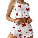 Fongt New 2024 Knitted Pit Strip Love Print Design Sweet Sling Shorts Pure Pyjamas
