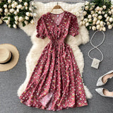 Dress Women's Aging Bubble Cuff Buckle Slimming Medium-Long Heart Machine Forked Retro Broken Flower Platycodon Grandiflorum Skirt-Outfit