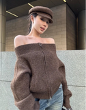 Off-Shoulder Zipper Knitted Jacket-Outfit