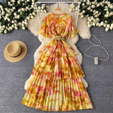 Fongt Retro Tea Faint Dyed Print Dress Women Waist Horn Sleeves Thin Temperament Lotus Leaf Side Chiffon Long Dress