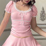 Sweet Girl Lace Lace Stitching U-Collar Temperament Aging Pink Casual Bubble Sleeve T-Shirt-Outfit