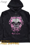 Hoodie Men Pink Skull Zip Streetwear Long Sleeve Y2K Sweater 2023 Harajuku Sweatshirt Anime Pattern Oversized Top