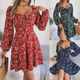 Shooting 2025 Autumn And Winter Casual Sexy Tie Side Collar Broken Flower Long-Sleeved A Dress Women's