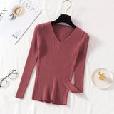 Casual Slim Pit Knitted Sweater Long Sleeve Sexy V neck Solid All-match High Street Pullover 2021 Winter New Fashion