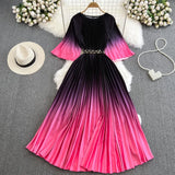 Familiar Style Socialite Temperament Five-Sleeve Round Collar Waist To Show Thin A Word Large Pendulum Gradual Color Printed Pleated Dress-Outfit
