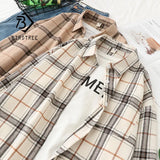 New Women Vintage Oversize Flannel Plaid Shirt With Pockets Full Sleeve Turn Down Collar Blouse Casual Basic Tops