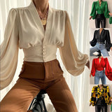 Fongt Explosion Spring New Temperament Button V-Neck Lantern Sleeve