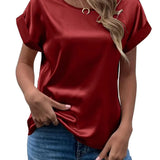 Women's Short-Sleeved Satin Shirt Loose Casual Round-Collar Satin T-Shirt Women's Spring / Summer 2024 New Style-Outfit