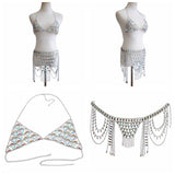 Rhinestones Two Piece Outfits Women Hollow Out Tank Top Link Chain Tassels Skirts 2 Piece Set Party Club Summer